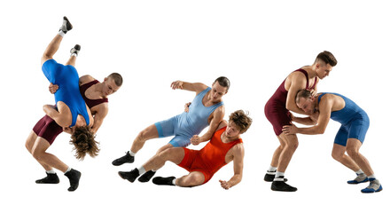 Dynamic wrestling showdown, athletic men in action, intense grappling, skillful maneuvers isolated