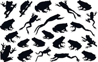A hopping ensemble whimsical arrangement of amphibian silhouettes in varied poses on bright backdrop