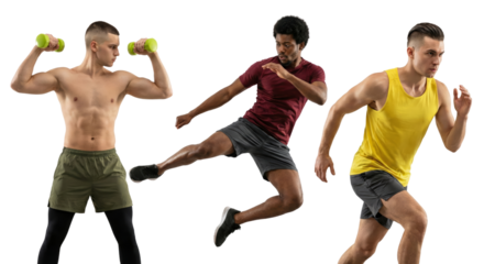 Dynamic Trio Displaying Varied Fitness Exercises on Isolated Transparent Setting