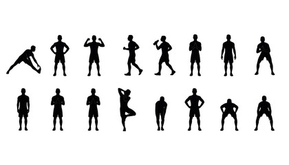 Silhouette of men in various poses including stretching running yoga and weightlifting on a white background