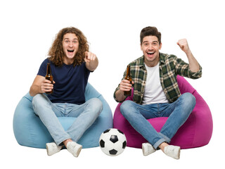 Enthusiastic soccer fans celebrate victory on beanbags with beverages on transparent