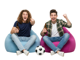 Enthusiastic soccer fans celebrate victory on beanbags with beverages on transparent