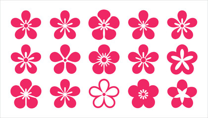 Collection of fifteen pink five petal flower icons on white background floral
