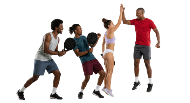 Enthusiastic padel tennis players celebrate a win with a high-five, demonstrating teamwork and