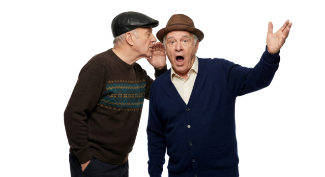 Excited man reacting to a whispered secret from a friend on a transparent background