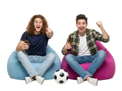 Enthusiastic soccer fans celebrate victory on beanbags with beverages on transparent - Powered by Adobe