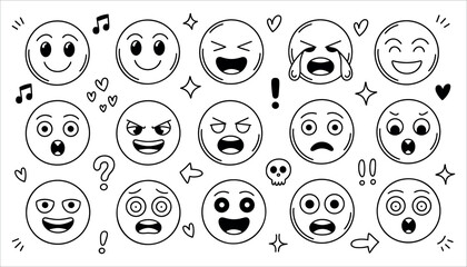 Collection of hand drawn black and white emoji faces with various expressions and decorative elements