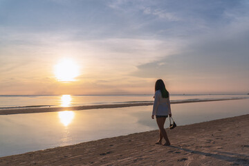 Silhouette Female Traveler Sunset Beach Scenic View