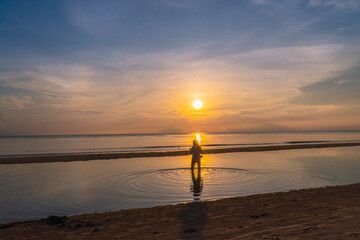 Silhouette Female Traveler Sunset Beach Scenic View
