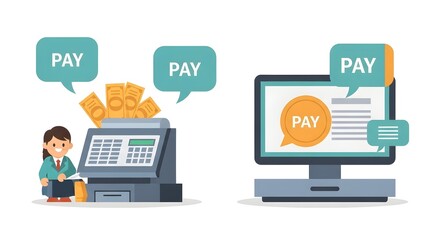 Comparison of payment methods in a clean flat vector style, showing online digital purchase versus traditional cash register transaction