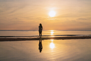 Silhouette Female Traveler Sunset Beach Scenic View