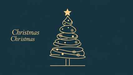 Christmas tree illustration with gold star and snowflake ornaments, minimalist holiday vector graphic design, festive seasonal greeting banner template
