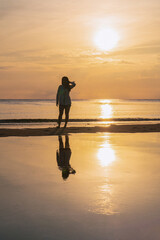 Silhouette Female Traveler Sunset Beach Scenic View