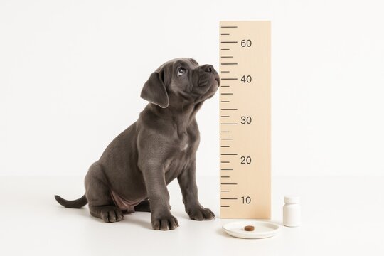 Young Cane Corso puppy with blue gray coat standing beside simple vertical growth chart board on white background