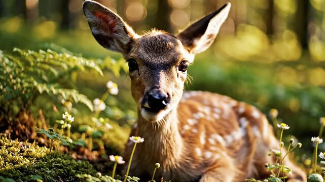 Young wild mammal with spotted fur resting in green woodland foliage dappled sunlight