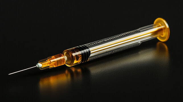 Golden syringe for medical injection, symbolizing precision, healthcare innovation, luxury medical concept, professionalism, and advanced medical technology in a striking, high-end visual representati
