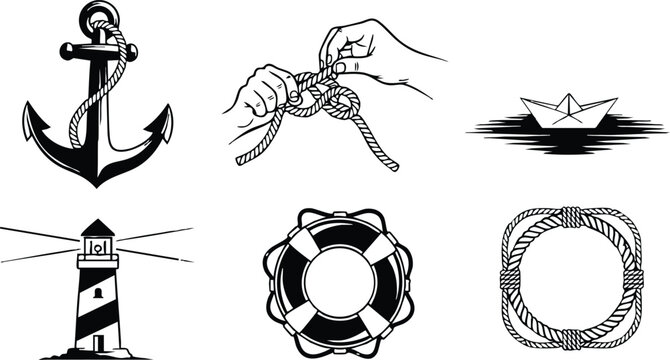 Monochrome nautical vector art with anchor rope knot hands paper boat lighthouse lifebuoy and square rope frame arranged in two rows minimal marine symbols