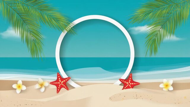 Tropical Summer Beach Landscape with Circle Frame Palm Leaves and Starfish Background