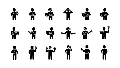 Collection of black stick figures interacting with technology and displaying various actions and gestures silhouette