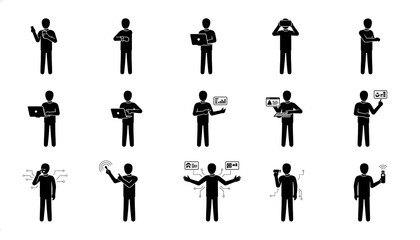Black stick figures using technology devices like phones laptops and vr headsets on a white background silhouette