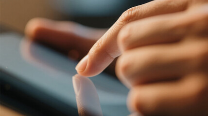 A close-up of hands operating a tablet device. An everyday scene.