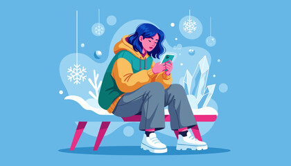 Young woman using smartphone in a stylized winter setting Social media communication and holiday messaging