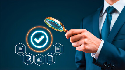 Businessman holding a magnifying glass to verify quality assurance, symbolizing audit,inspection, and compliance with standards