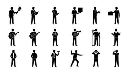 Collection of various black silhouette icons depicting people engaged in different activities and professions