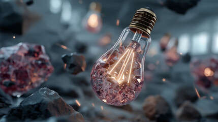 Abstract neon bulb floating among glowing particles technology concept modern design generated AI