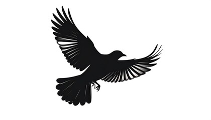 Obraz premium A silhouette of a bird in mid-flight with its wings outstretched, rendered in a dark tone against a white backdrop