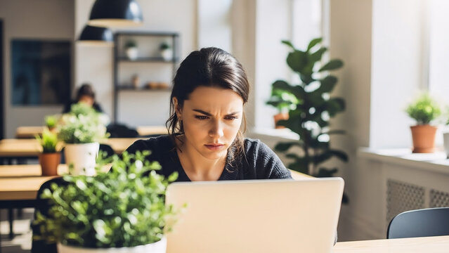 Frustrated businesswoman looking confused and stressed at her laptop screen while working remotely in a bright, modern cafe or coworking space. - Powered by Adobe