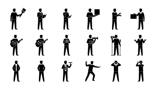 Collection of various black silhouette icons depicting people engaged in different activities and professions - Powered by Adobe
