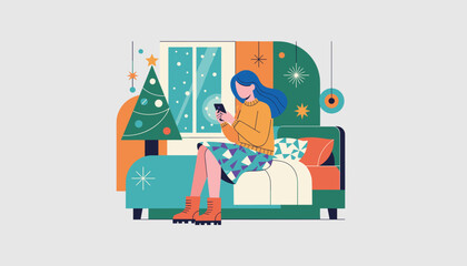 Cozy Christmas at home Woman using mobile phone indoors while snow falls outside