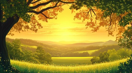 Golden sunset over rolling hills and lush green valley viewed through tree branches.