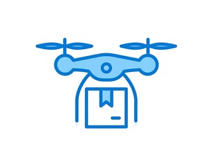 A simple, bright blue line drawing of a drone carrying a package suspended below its body