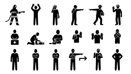 Illustration of various stick figure workers including construction and emergency personnel in different poses silhouette