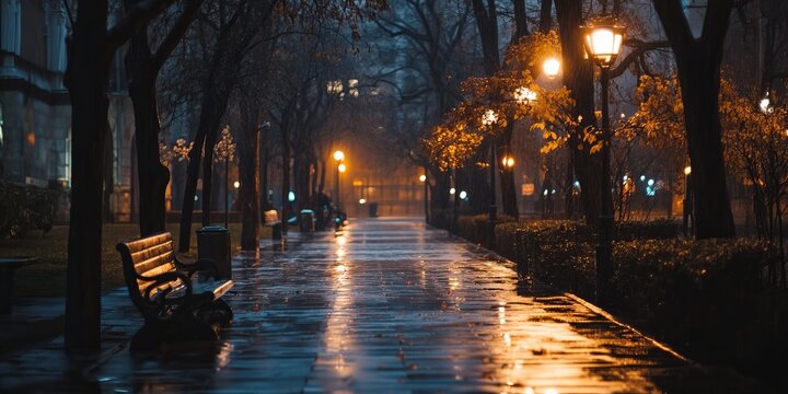 Rain-slicked city park path at night