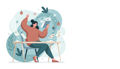 Woman celebrates success managing festive tasks and holographic data on a tablet