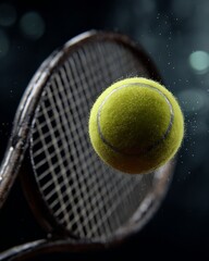 Close up of a tennis racket hitting a fuzzy yellow tennis ball in motion