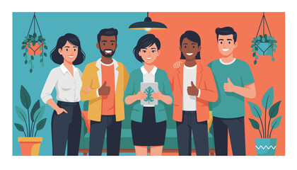 Diverse smiling business team giving thumbs up in a modern collaborative office setting