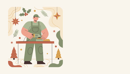 DIY holiday crafting Man sanding wood for Christmas projects