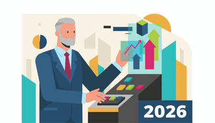 Senior businessman projecting financial growth strategy for the year 2026