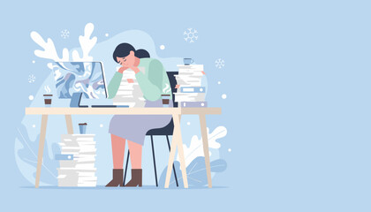 Overworked businesswoman exhausted by huge piles of paperwork and winter deadlines in the office