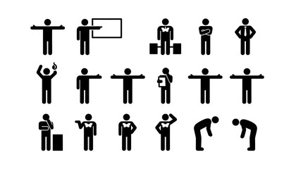 Collection of stick figures depicting various actions and poses on a white background simple and clean silhouette
