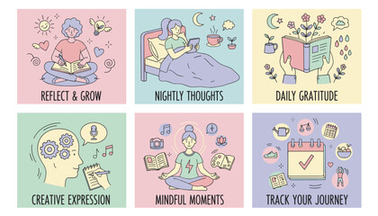 Vector set of selfcare and personal growth concepts journaling mindfulness gratitude and habit tracking