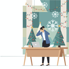 Businesswoman stressed by holiday work deadlines in a festive office setting