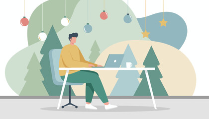 Remote worker using laptop in a cozy decorated winter home office environment