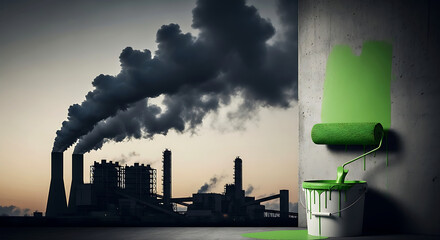 Green initiative concept with factory pollution being painted over in green