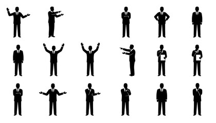 A collection of black silhouette businessman figures in various poses on a white background image view