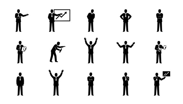 Collection of business people in various poses and actions in silhouette against a white background